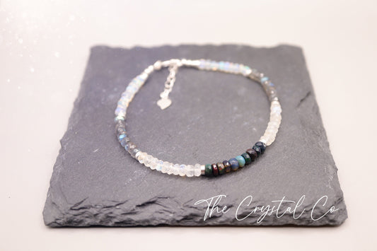 Ethiopian Welo Opal, Labradorite and Rainbow Moonstone dainty bracelet, Gifts for her.