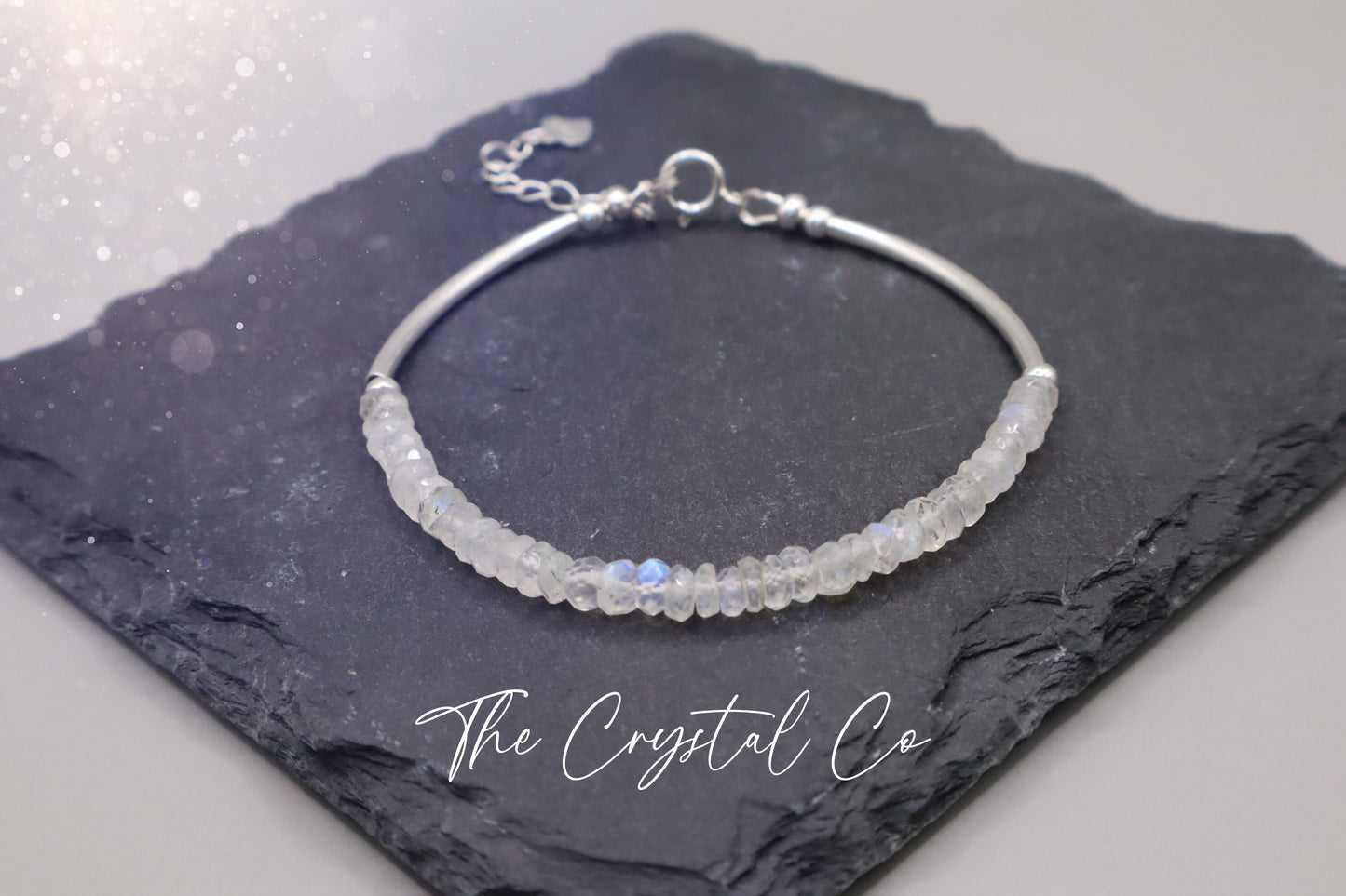 Dainty Beautiful handmade Rainbow Moonstone bracelet with 925 sterling silver tubing, beads and findings March Birthstone