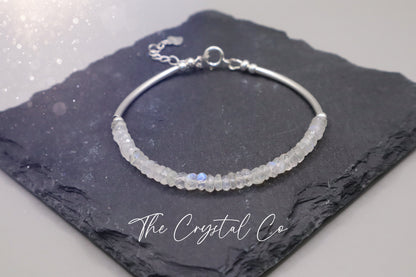 Dainty Beautiful handmade Rainbow Moonstone bracelet with 925 sterling silver tubing, beads and findings March Birthstone