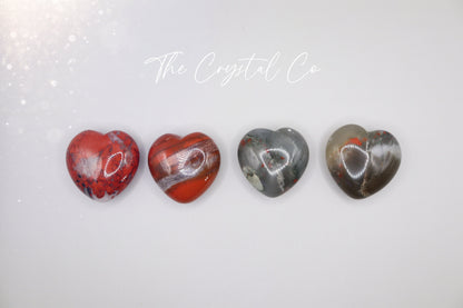 Beautiful, African Bloodstone puffy mini hearts. Beautiful red speckles, and gorgeous patterns. Approximately: Height 3 cm, Width 3 cm, Depth 1.5 cm  Average weight: 20 grams each. Ideal as pocket crystal and little gifts for crystal lovers.