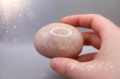 Beautiful Peach Moonstone PalmStone, Very flashy with some rainbows, Large size palm stone for fertility & emotional support