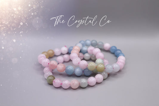 Beautiful Morganite Bracelet - Beryl Bracelet with Morganite, Aquamarine and Heliodor, Beaded Crystal Bracelet 8mm - 9mm beads on strong elastic beading string. These bracelets are full of beautiful colours that bring calmness and tranquillity. Ideal for crystal lovers and make ideal gifts for special occasions. 