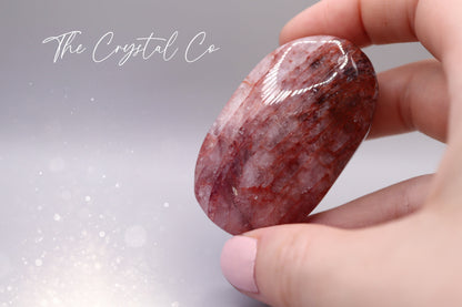 Natural Fire Quartz / Hematoid, Medium sized Palm Stone Crystal Carving, Full of Rainbows and sparkles - for Stability and Concentration