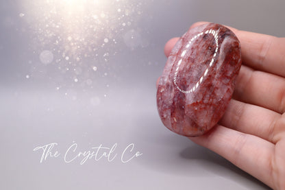 Natural Fire Quartz / Hematoid, Medium sized Palm Stone Crystal Carving, Full of Rainbows and sparkles - for Stability and Concentration