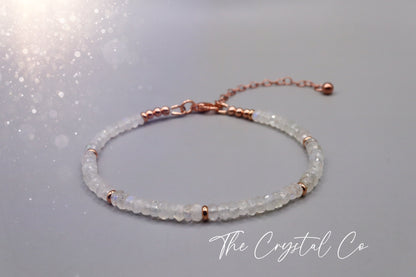 Dainty, Natural Crystal Rainbow Moonstone 4mm Rondelle Beaded Bracelet, Very Flashy, Stacking Bracelet. For Divine Feminine connection