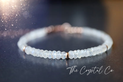 Dainty, Natural Crystal Rainbow Moonstone 4mm Rondelle Beaded Bracelet, Very Flashy, Stacking Bracelet. For Divine Feminine connection