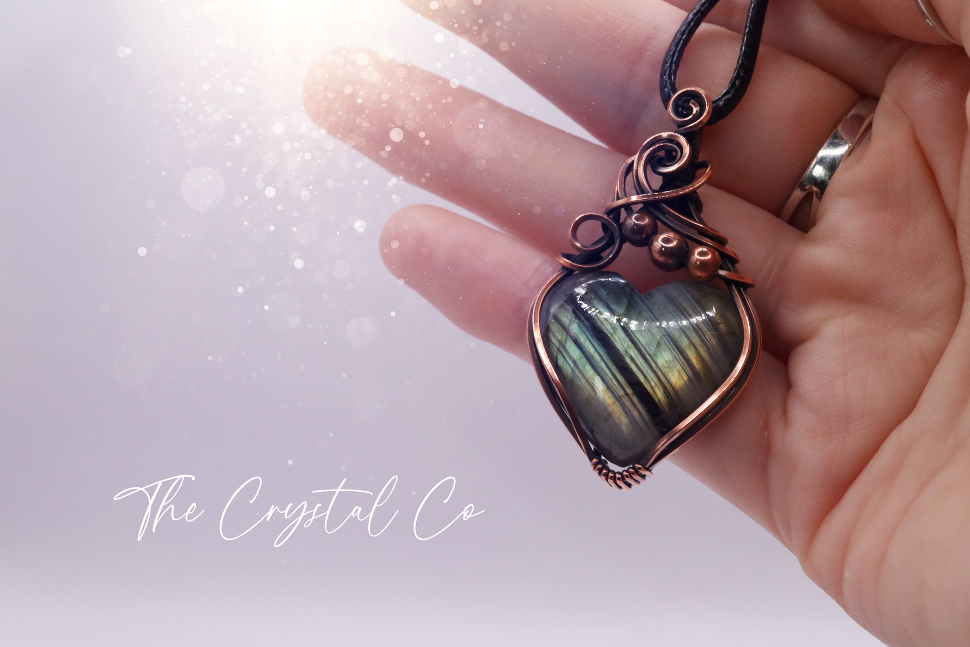 Green / Yellow Autumn Flash Labradorite Heart Pendant - Wrapped in oxidised copper - Handmade Pendant