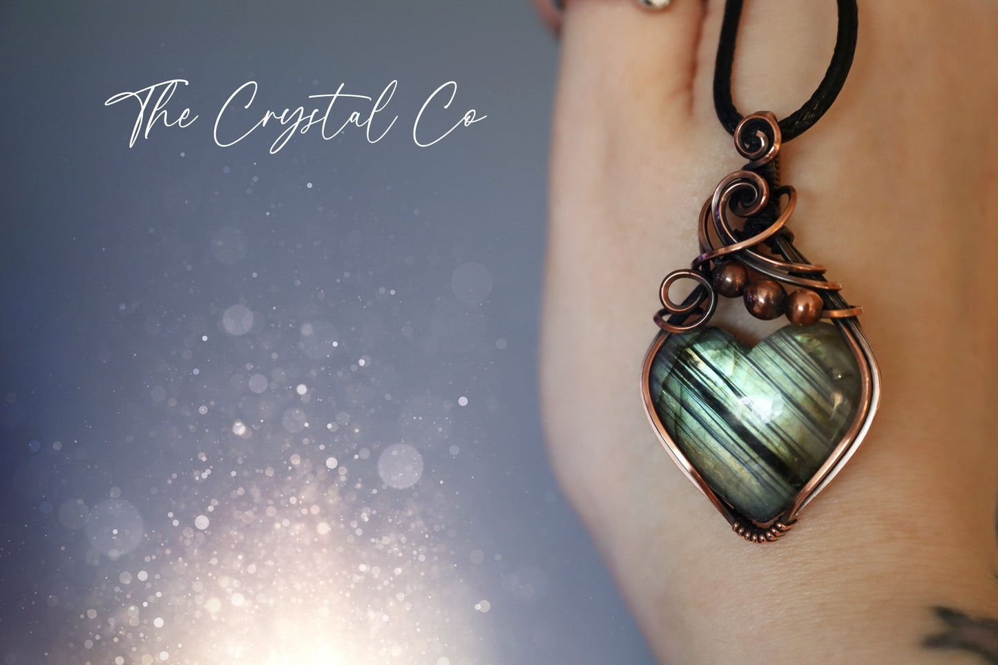 Green / Yellow Autumn Flash Labradorite Heart Pendant - Wrapped in oxidised copper - Handmade Pendant