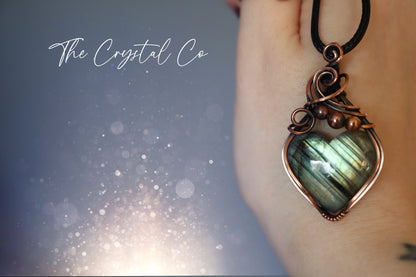 Green / Yellow Autumn Flash Labradorite Heart Pendant - Wrapped in oxidised copper - Handmade Pendant