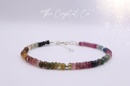 Dainty, Watermelon Tourmaline faceted rondelle beaded bracelet - with a choice of findings - for humanitarianism & compassion