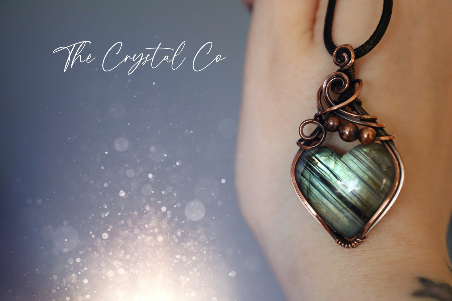 Green / Yellow Autumn Flash Labradorite Heart Pendant - Wrapped in oxidised copper - Handmade Pendant