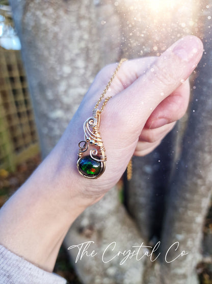 Dainty, Flashy Smoked Ethiopian Welo Opal Pendant - Wire Wrapped in 14k Gold Fill Wire - Great Colour Play