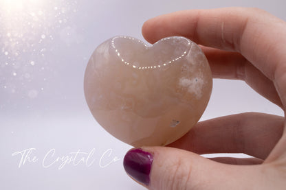 Beautiful Polished Flower Agate / Cherry Blossom Agate Puffy Crystal Heart - For Self-Growth and Manifestation