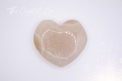 Beautiful Polished Flower Agate / Cherry Blossom Agate Puffy Crystal Heart - For Self-Growth and Manifestation