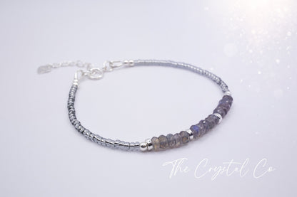 Dainty, Flashy Natural Labradorite Crystal bracelet, 3mm faceted Rondelle beads - with a choice of findings and seed beads