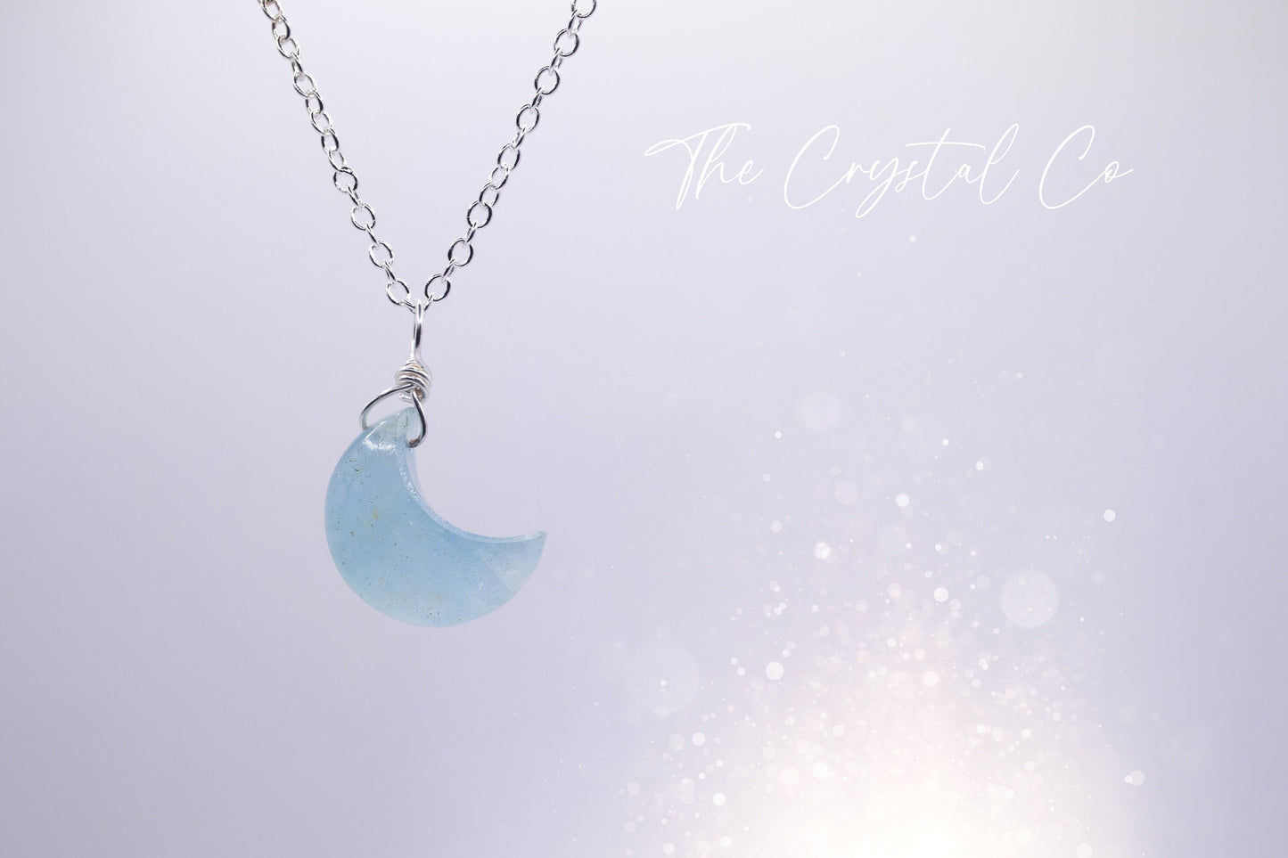 Dainty and Minimal Smooth, Natural Aquamarine Moon Pendant on a 925 sterling silver chain March Birthstone