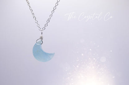 Dainty and Minimal Smooth, Natural Aquamarine Moon Pendant on a 925 sterling silver chain March Birthstone