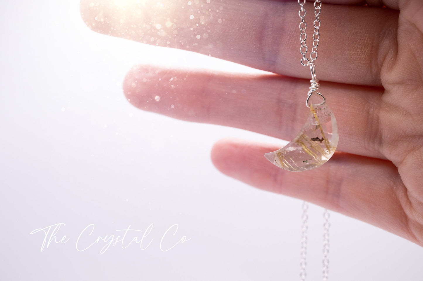 Dainty, Golden Rutilated Quartz Facetted Moon Pendant - 925 Sterling silver cable chain - for manifestation & amplification