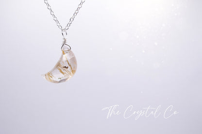 Dainty, Golden Rutilated Quartz Facetted Moon Pendant - 925 Sterling silver cable chain - for manifestation & amplification