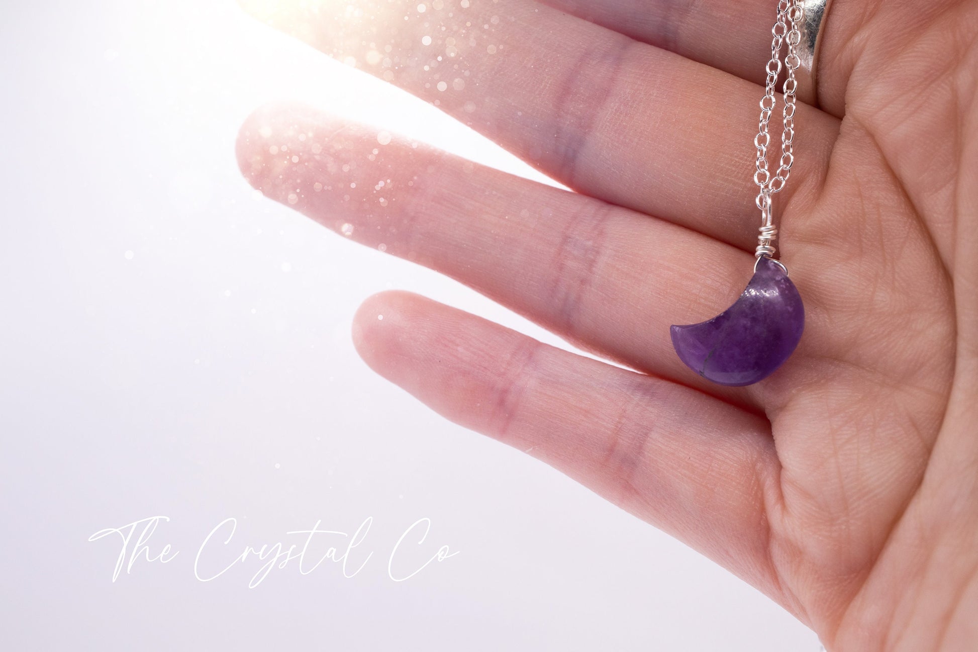 Dainty and Minimal Smooth, Natural Amethyst Moon Pendant on a 925 sterling silver chain - for intuition & inner peace