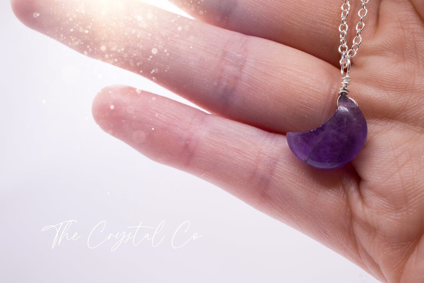 Dainty and Minimal Smooth, Natural Amethyst Moon Pendant on a 925 sterling silver chain - for intuition & inner peace