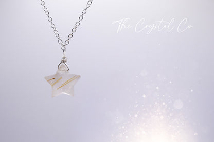 Dainty, Golden Rutilated Quartz Star Pendant - 925 Sterling silver cable chain - for manifestation & amplification