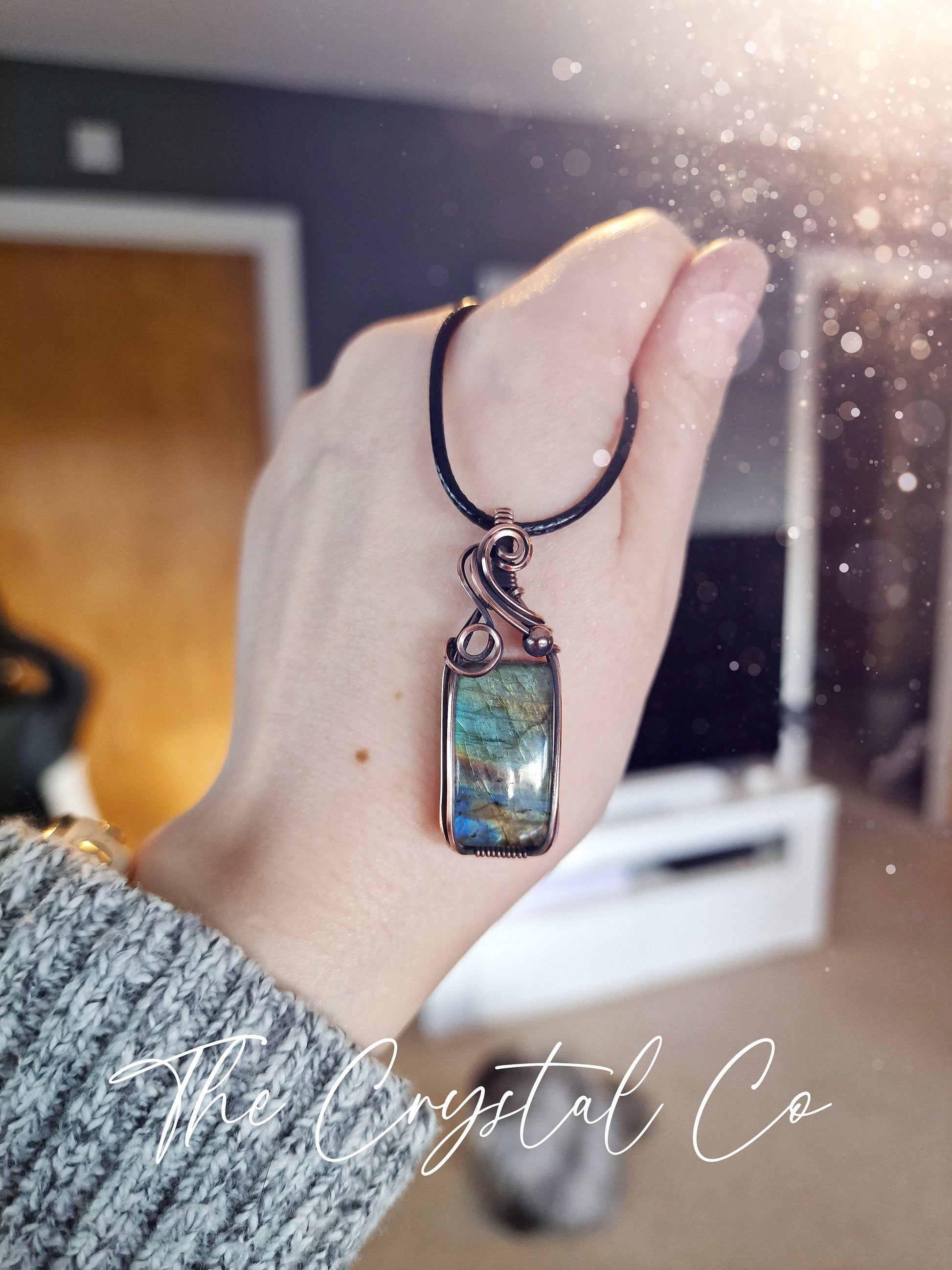 Beautiful, Handmade Blue and Green Flash Labradorite Pendant - Wrapped in antiqued Copper - Wire Wrapped Pendant