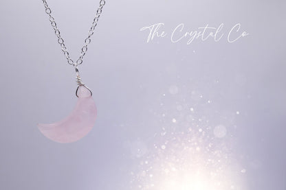 Dainty, Rose Quartz Facetted Moon Pendant - 925 Sterling silver cable chain - for love & self-esteem