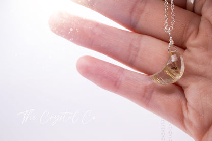 Dainty, Golden Rutilated Quartz Facetted Moon Pendant - 925 Sterling silver cable chain - for manifestation & amplification