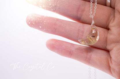 Dainty, Golden Rutilated Quartz Facetted Moon Pendant - 925 Sterling silver cable chain - for manifestation & amplification