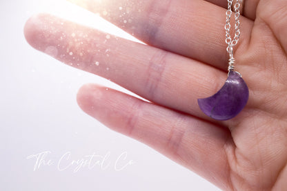 Dainty and Minimal Smooth, Natural Amethyst Moon Pendant on a 925 sterling silver chain - for intuition & inner peace