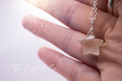 Dainty, Golden Rutilated Quartz Star Pendant - 925 Sterling silver cable chain - for manifestation & amplification