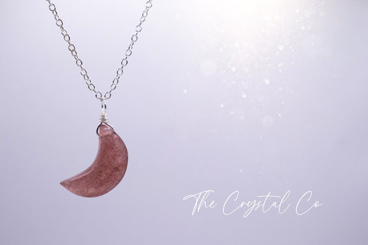 Dainty and Minimal Smooth, Natural Strawberry Quartz Moon Pendant / Red Aventurine - on a 925 sterling silver chain