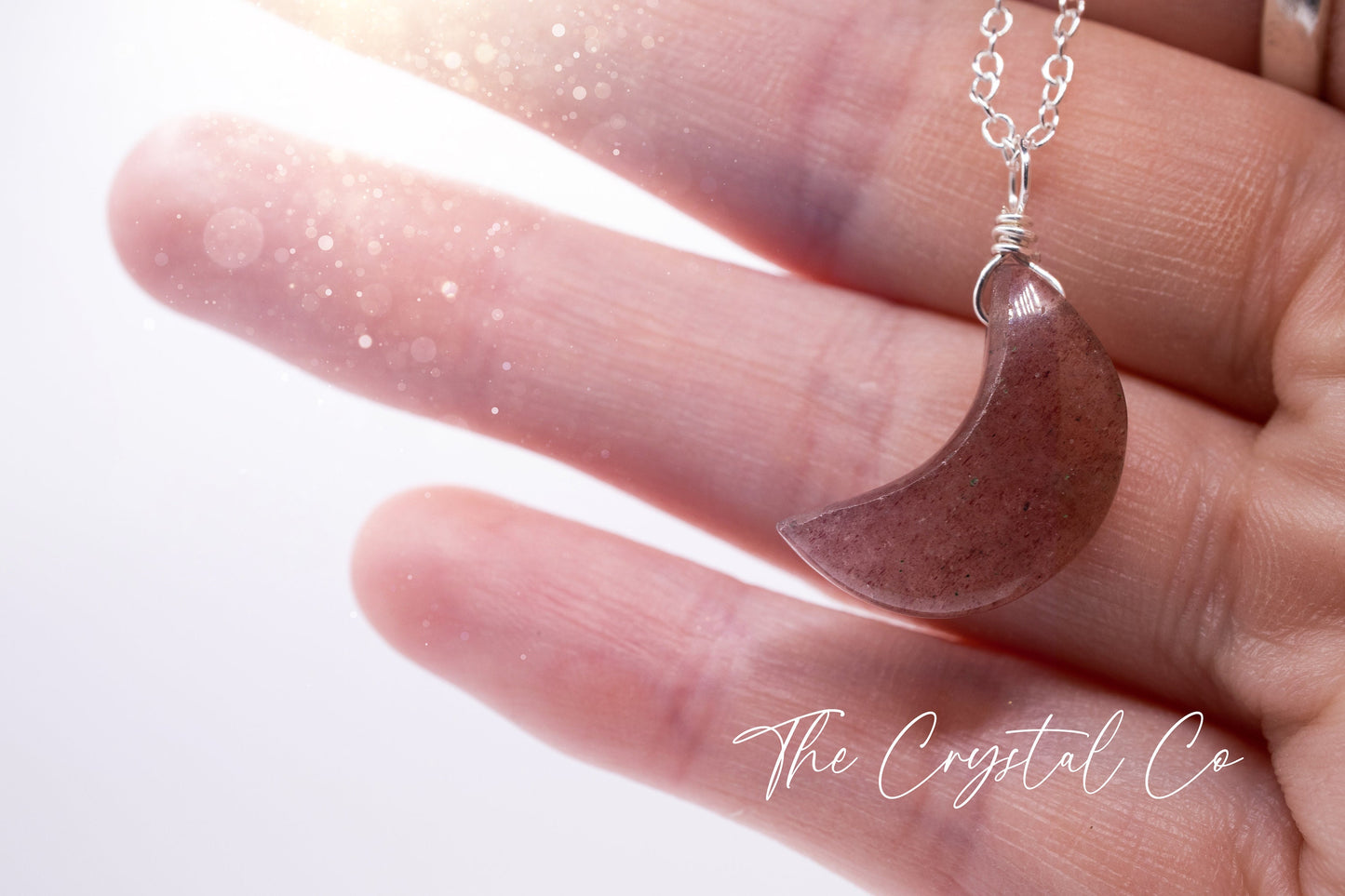 Dainty and Minimal Smooth, Natural Strawberry Quartz Moon Pendant / Red Aventurine - on a 925 sterling silver chain