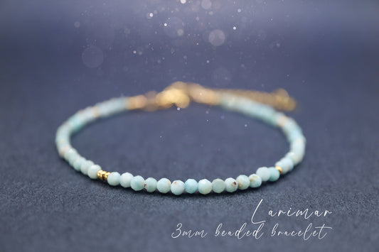 Handmade and beautiful, natural larimar beaded bracelet This bracelet comprises of natural larimar crystal beads which are 3mm in size. They are facetted to give a beautiful sparkle and shine. You can pick your own findings for this bracelet and personalise it to your liking by selecting from our choice of findings.