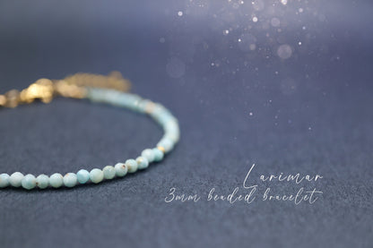 Handmade and beautiful, natural larimar beaded bracelet This bracelet comprises of natural larimar crystal beads which are 3mm in size. They are facetted to give a beautiful sparkle and shine. You can pick your own findings for this bracelet and personalise it to your liking by selecting from our choice of findings.