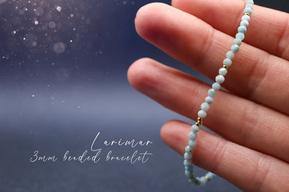 Handmade and beautiful, natural larimar beaded bracelet This bracelet comprises of natural larimar crystal beads which are 3mm in size. They are facetted to give a beautiful sparkle and shine. You can pick your own findings for this bracelet and personalise it to your liking by selecting from our choice of findings.