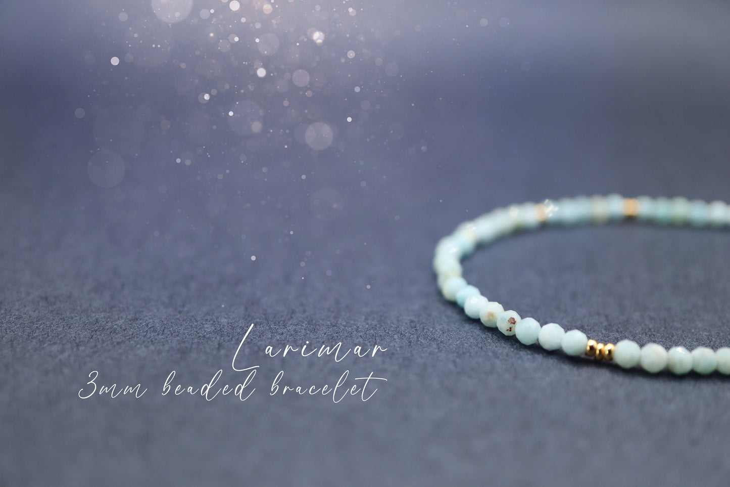 Handmade and beautiful, natural larimar beaded bracelet This bracelet comprises of natural larimar crystal beads which are 3mm in size. They are facetted to give a beautiful sparkle and shine. You can pick your own findings for this bracelet and personalise it to your liking by selecting from our choice of findings.