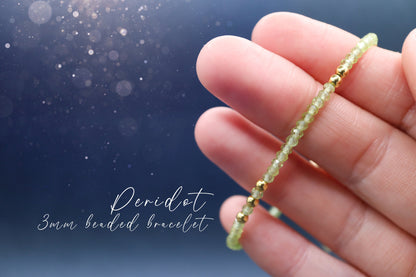 Dainty, Peridot Crystal Stacking bracelet, 3mm Rondelle faceted beads - with a choice of findings - August Birthstone