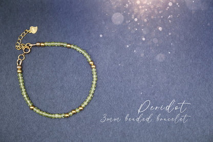 Dainty, Peridot Crystal Stacking bracelet, 3mm Rondelle faceted beads - with a choice of findings - August Birthstone