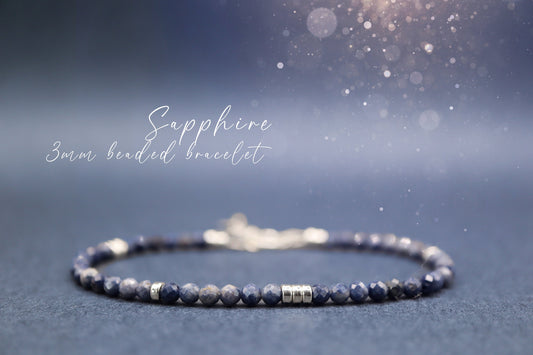 Dainty, Natural Blue Sapphire Stacking Bracelet, 3mm faceted beads - with a choice of findings - for discipline & structure