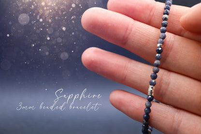 Dainty, Natural Blue Sapphire Stacking Bracelet, 3mm faceted beads - with a choice of findings - for discipline & structure