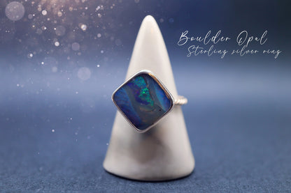 Handmade Australian Boulder Opal Fine and 925 Sterling Silver Ring, 9.6ct Opal - Size R 1/2 or 8 3/4