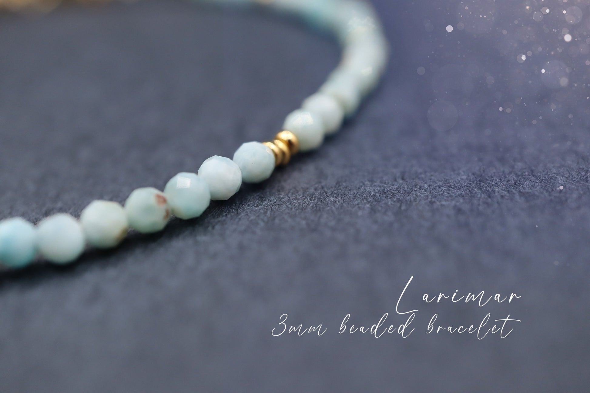 Handmade and beautiful, natural larimar beaded bracelet This bracelet comprises of natural larimar crystal beads which are 3mm in size. They are facetted to give a beautiful sparkle and shine. You can pick your own findings for this bracelet and personalise it to your liking by selecting from our choice of findings.