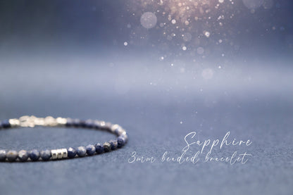 Dainty, Natural Blue Sapphire Stacking Bracelet, 3mm faceted beads - with a choice of findings - for discipline & structure