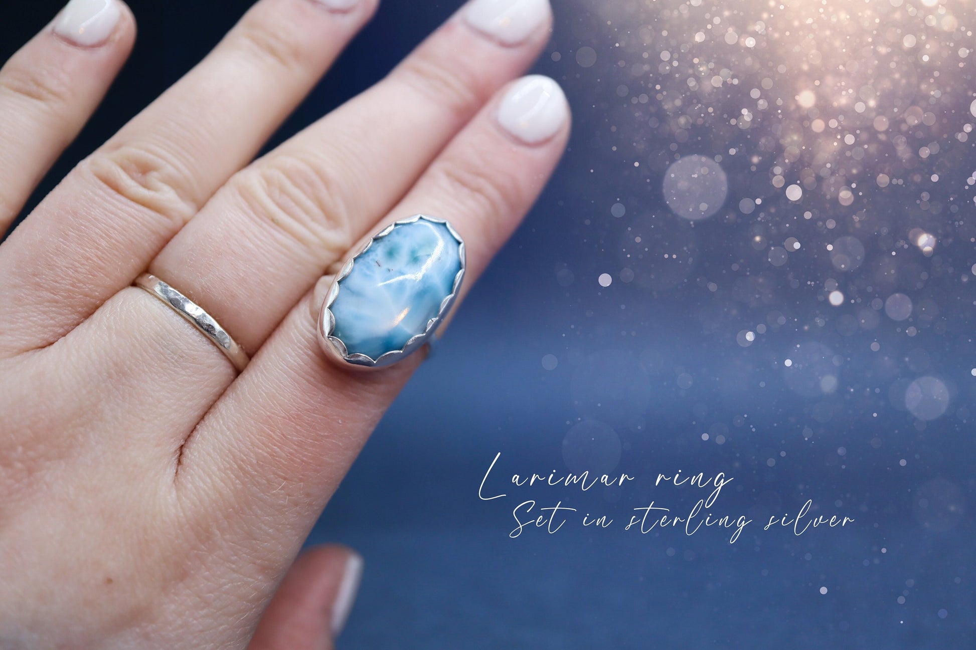 Handmade Larimar Ring - Set in Fine and 925 Sterling - Size L 1/2 UK or 5 3/4 US