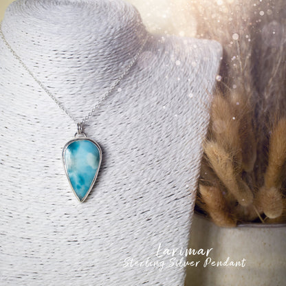 Natural Larimar Sterling Silver Pendant - For Peace & Serenity - Anniversary Gift