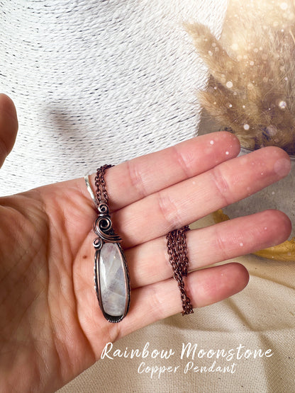 Rainbow Moonstone Wire Wrap Pendant - June Birthstone - For Divine Feminine Connection