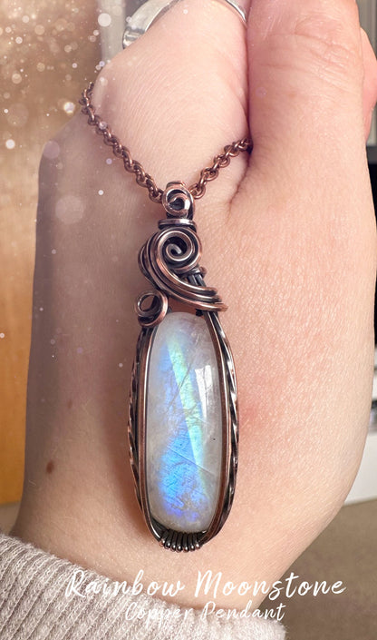 Rainbow Moonstone Wire Wrap Pendant - June Birthstone - For Divine Feminine Connection