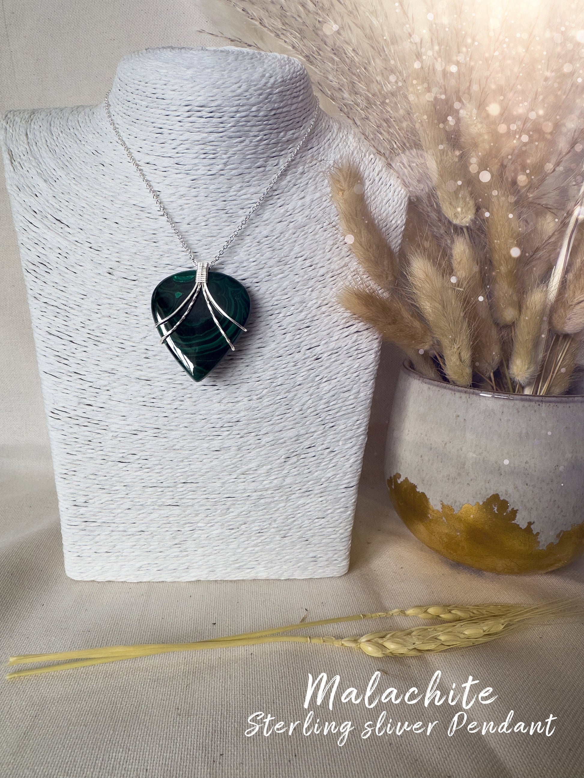 Handmade Malachite Pendant - Wrapped in 925 Sterling Silver - Wire wrap Pendant - for visualization & insight